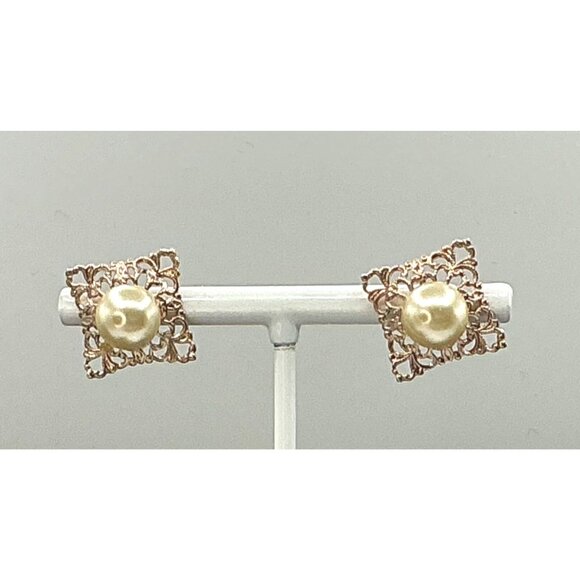 Rose Gold Tone Faux Pearl Filigree Square Stud Earrings Elegant Bridal Accessory - Picture 7 of 7